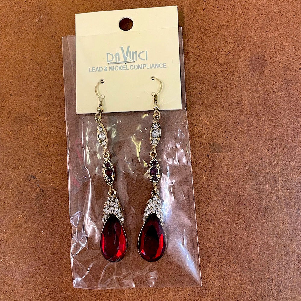 DeVinci Red Crystal & Rhinestone Dangle Earrings